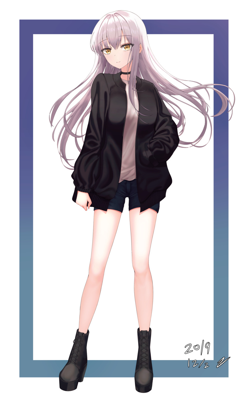1girl, absurdres, bang_dream!, bangs, black_choker, black_footwear, black_jacket, blue_border