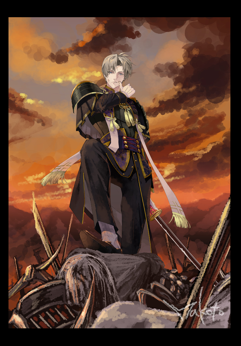 1boy, artist_name, bangs, black_border, black_footwear, black_pants, border, brown_hair