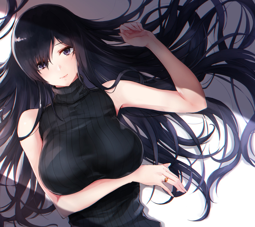 1girl, alice_gear_aegis, arm_under_breasts, bangs, bare_shoulders, black_eyes, black_hair, black_sweater