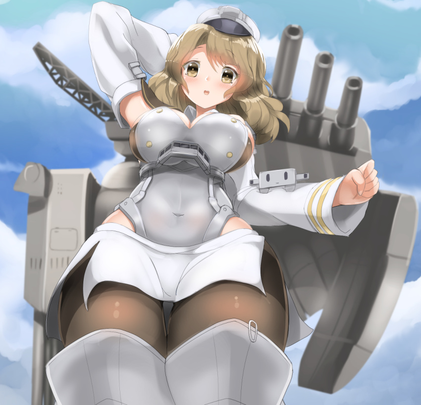 1girl, arms_behind_head, blonde_hair, blue_sky, breasts, brown_legwear, cannon, catapult_launcher, clouds, cloudy_sky, corset, covered_navel, cowboy_shot, detached_sleeves, dress, eyebrows_visible_through_hair, from_below, hat, houston_(kantai_collection), kantai_collection, looking_at_viewer, medium_breasts, medium_hair, open_mouth, pleated_dress, range_finder, redundant-cat, shin_guards, sky, smile, standing, thigh-highs, thighs, tight_top, turret, white_dress, yellow_eyes