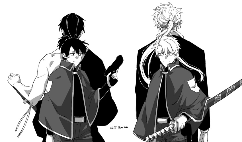2boys, 55_yamisan, ahoge, back_turned, bare_shoulders, black_eyes, black_hair, blonde_hair