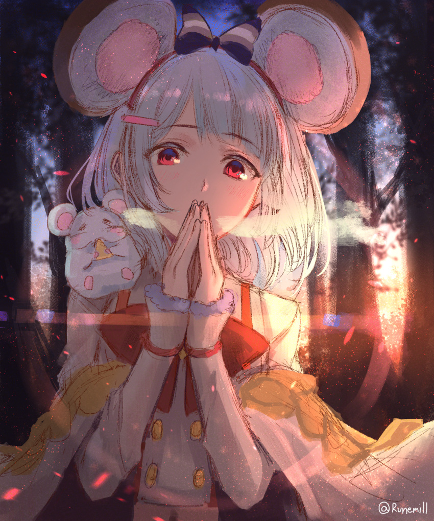 1girl, =_=, absurdres, animal, animal_ears, bangs, black_bow, blush