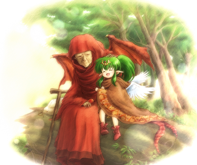 1boy, 1girl, bantu_(fire_emblem), cape, closed_eyes, dragon_wings, feathered_wings, fire_emblem, fire_emblem:_mystery_of_the_emblem, green_hair, hair_ornament, hand_on_another's_head, hood, jewelry, long_hair, long_sleeves, manakete, old_man, open_mouth, pointy_ears, ponytail, red-50869, shoes, sitting, sitting_on_log, smile, staff, tiara, tiki_(fire_emblem), tree, wings