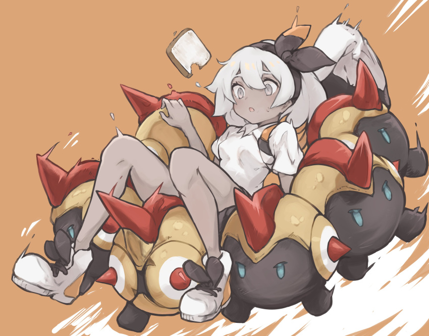 1girl, absurdres, bite_mark, carrying, dark_skin, falinks, food, gen_8_pokemon