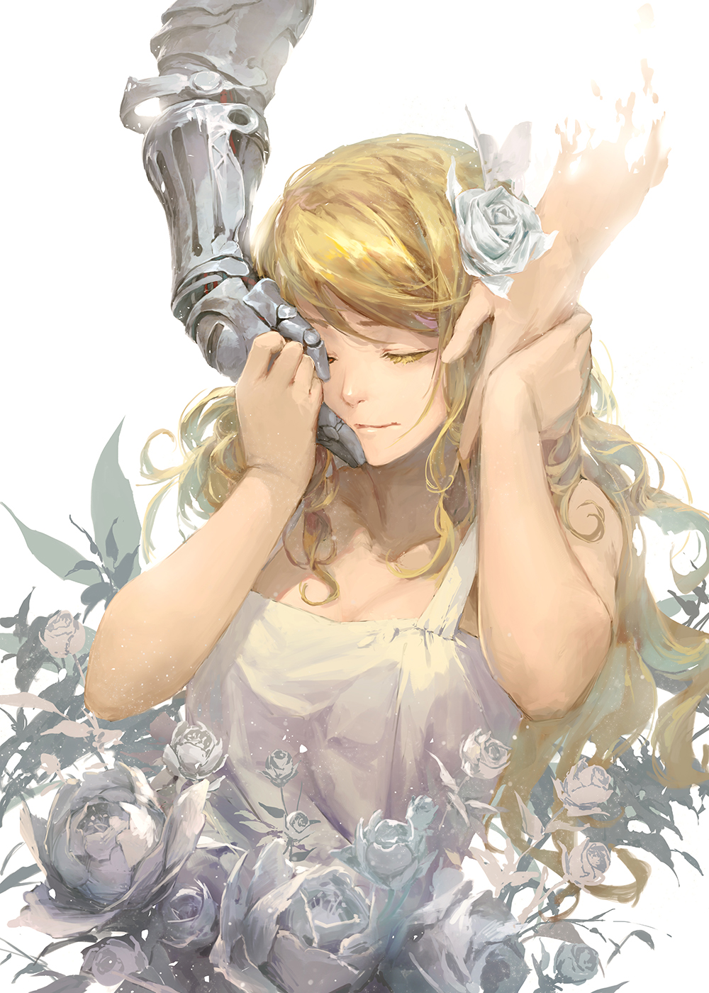 1girl, automail, baraba_baba, blonde_hair, collarbone, colored_eyelashes, edward_elric, flower