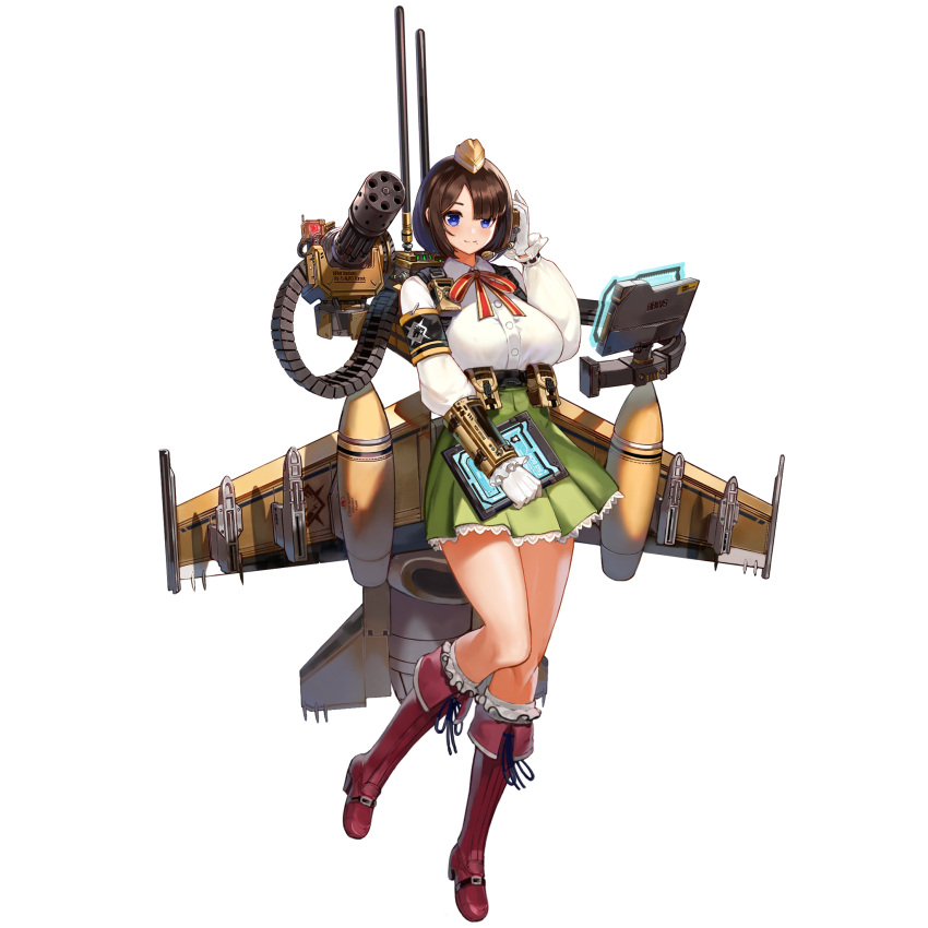 1girl, bangs, blue_eyes, blush, boots, breasts, brown_hair, e-16_talonfeather, garrison_cap, gatling_gun, gloves, green_skirt, hat, highres, last_origin, looking_at_viewer, minigun, mole, mole_under_mouth, official_art, pleated_skirt, ribbon, short_hair, skirt, smile, solo, swept_bangs, tachi-e, white_gloves