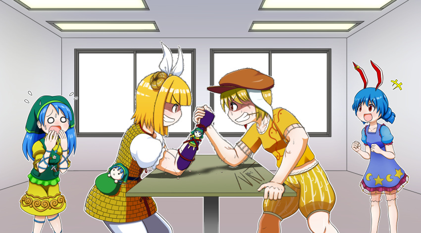 +++, 4girls, :d, :x, animal_ears, apron, arm_ribbon, arm_wrestling