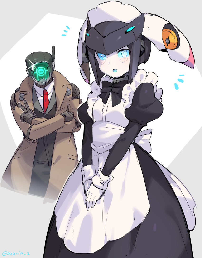 1boy, 1girl, absurdres, alternate_costume, apron, dia_(world_flipper), enmaided, formal, highres, maid, maid_apron, maid_dress, mechanical_arm, necktie, regis, robot, robot_joints, suit, suurin_(ksyaro), trench_coat, world_flipper
