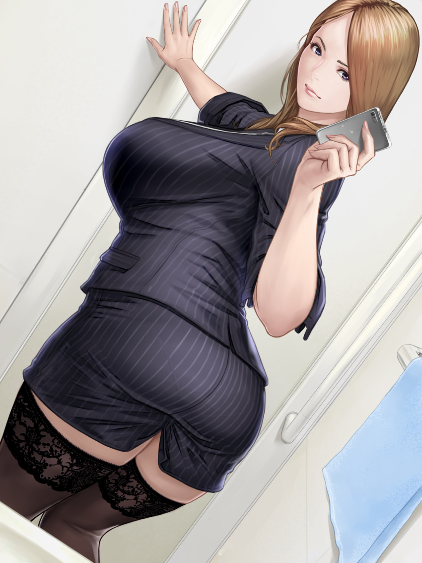 1girl, ass, bangs, bathroom, blazer, blue_eyes, breasts, brown_hair