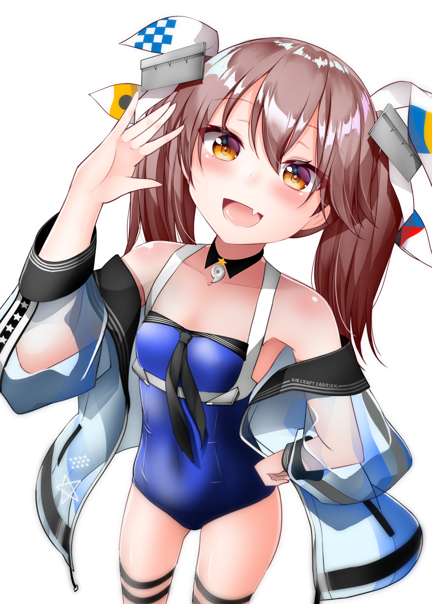1girl, bangs, blue_swimsuit, blush, brown_eyes, brown_hair, choker, collarbone
