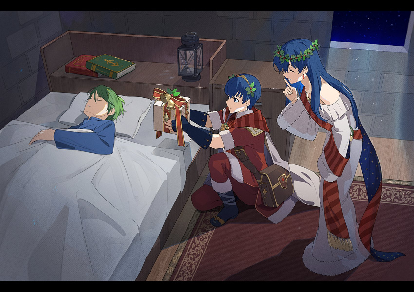 1girl, 2boys, bed, blue_hair, book, boots, box, brother_and_sister