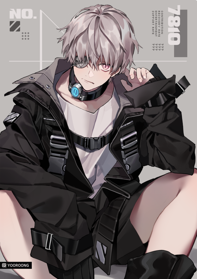 1boy, belt, black_footwear, black_jacket, closed_mouth, collarbone, eyepatch, grey_hair