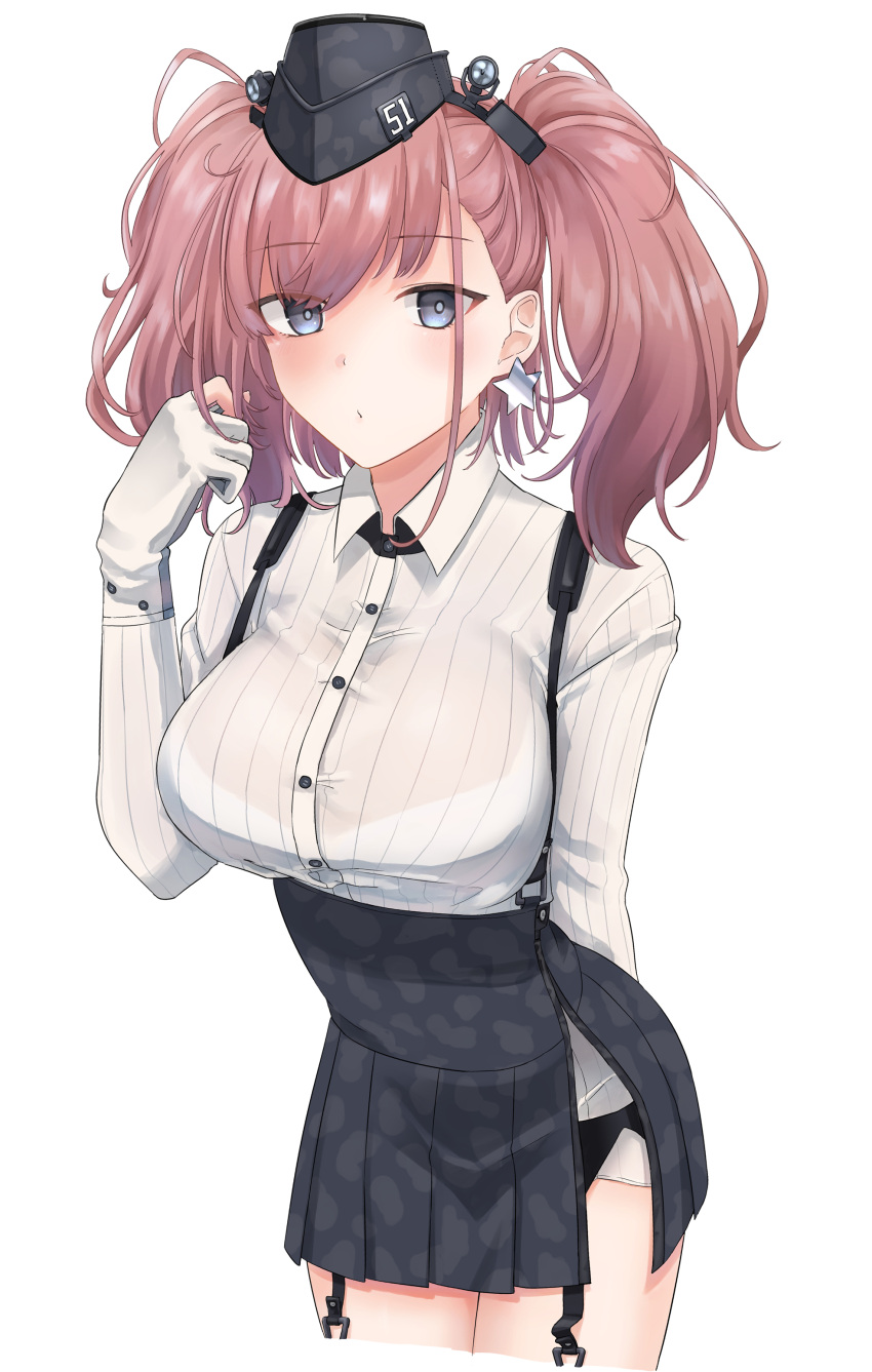 1girl, absurdres, atlanta_(kantai_collection), blush, bra_through_clothes, breasts, brown_hair, buttons