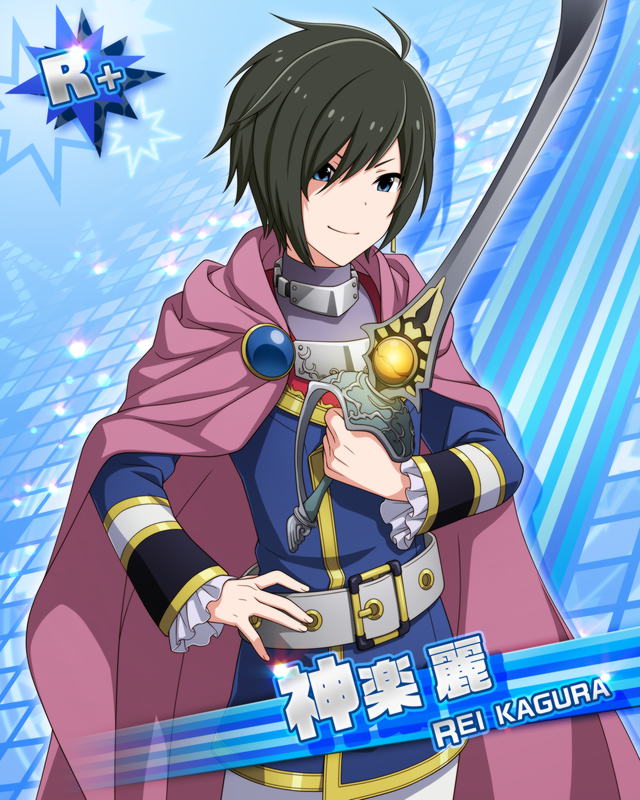 armor, black_hair, blue_eyes, cape, character_name, idolmaster, idolmaster_side-m, kagura_rei