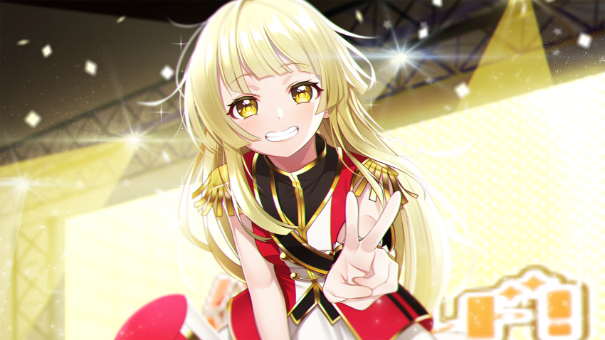 1girl, band_uniform, bang_dream!, bangs, blonde_hair, blunt_bangs, blurry, blurry_background