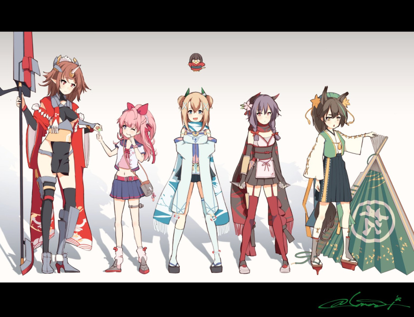 5girls, animal_ears, ankle_socks, azur_lane, bag, black_dress, black_hair, black_legwear