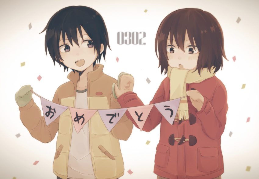 1boy, 1girl, :d, :o, bangs, black_hair, blush, boku_dake_ga_inai_machi