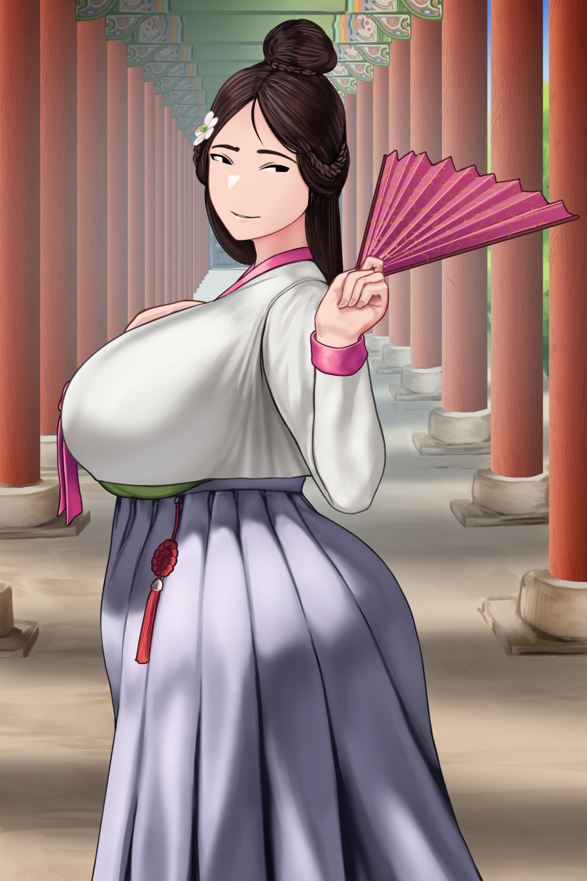 1girl, absurdres, black_eyes, braid, braided_bun, breasts, brown_hair, chinese_knot