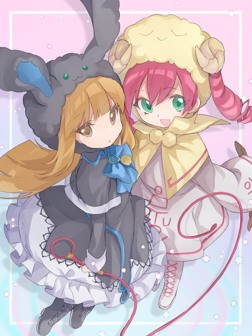 2girls, :3, :d, :o, animal_ears, animal_hood, bangs, black_dress