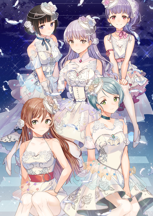 5girls, alternate_hairstyle, aqua_hair, bang_dream!, bangs, black_hair, black_neckwear, blue_flower, blue_rose, bracelet, brooch, brown_eyes, brown_hair, choker, commentary, detached_sleeves, dress, earrings, english_commentary, flower, gloves, green_eyes, grey_eyes, grey_hair, hair_bun, hair_flower, hair_ornament, hair_up, hand_on_own_chest, hands_on_own_knee, head_chain, high_heels, hikawa_sayo, imai_lisa, jewelry, lace, long_hair, looking_at_viewer, minato_yukina, multiple_girls, neck_ribbon, necklace, pearl_bracelet, pearl_necklace, piano_print, pink_choker, pink_flower, pink_ribbon, pink_rose, purple_flower, purple_hair, purple_rose, red_eyes, red_ribbon, ribbon, ribbon_choker, rose, roselia_(bang_dream!), sash, see-through_sleeves, shirokane_rinko, shoulder_ribbon, side_ponytail, sitting, sleeveless, smile, sparkle, stairs, tiny_(tini3030), udagawa_ako, violet_eyes, white_dress, white_feathers, white_flower, white_footwear, white_gloves, white_legwear, white_rose