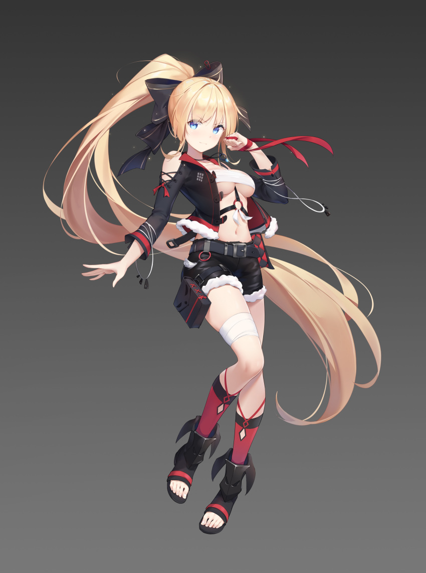1girl, absurdres, bandaged_leg, bandages, belt, belt_pouch, black_bow, black_jacket, black_shorts, blonde_hair, blue_eyes, boots, bow, breasts, budget_sarashi, commentary_request, full_body, fur_trim, gradient, gradient_background, hair_bow, hand_up, highres, j-cube, jacket, jewelry, kneehighs, leg_belt, long_hair, long_sleeves, looking_at_viewer, medium_breasts, midriff, navel, necklace, open_clothes, open_jacket, open_toe_shoes, original, ponytail, pouch, red_legwear, red_ribbon, ribbon, sarashi, short_shorts, shorts, shoulder_cutout, sidelocks, skindentation, smile, solo, under_boob, v-shaped_eyebrows, very_long_hair