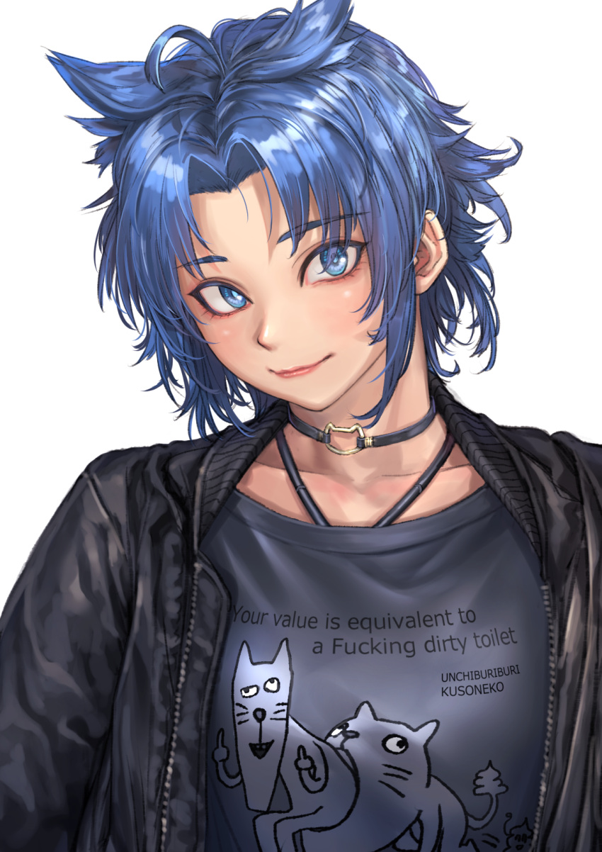 1girl, animal_print, bangs, black_jacket, blue_eyes, blue_hair, cat_pendant, cat_print