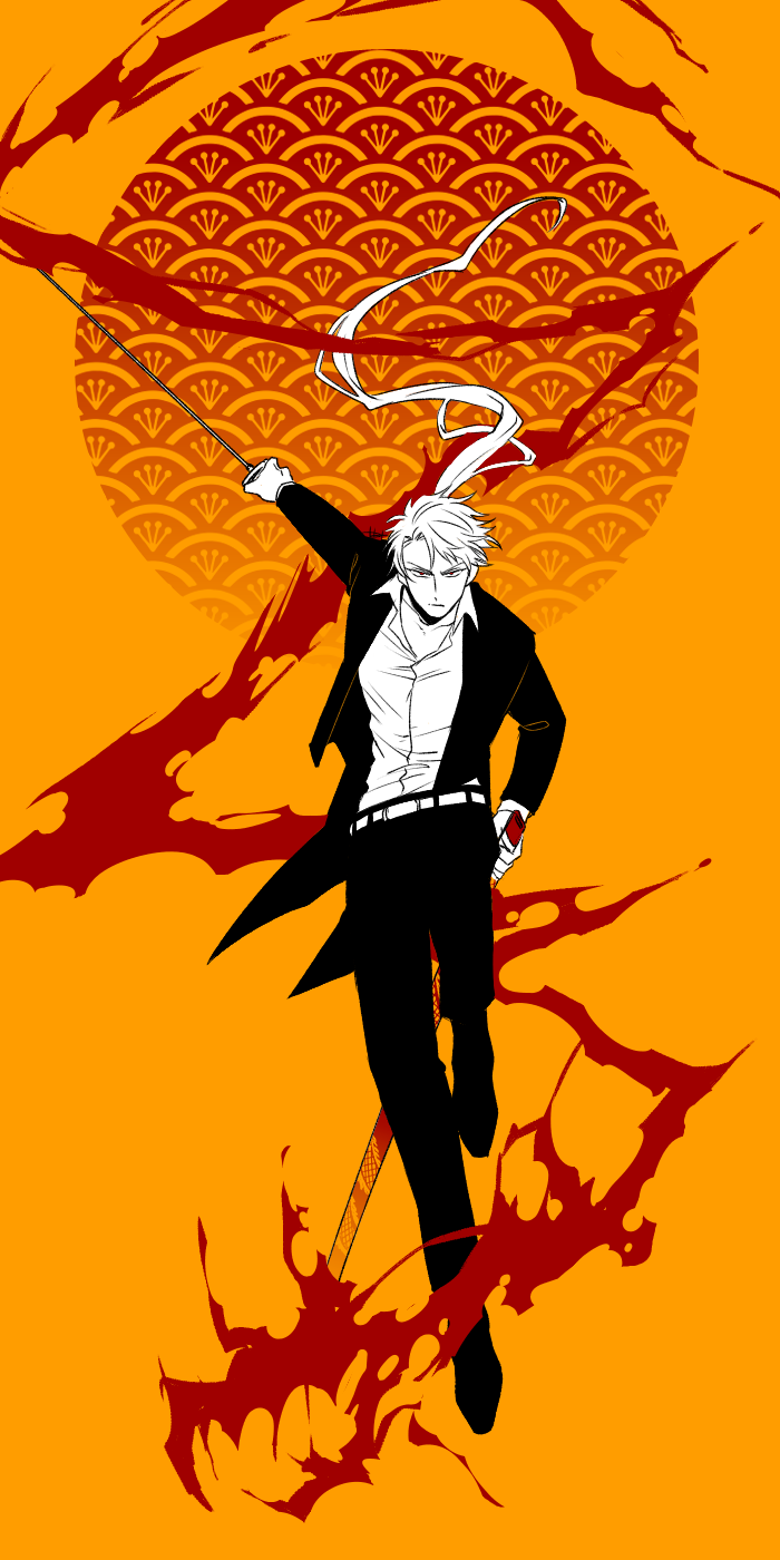 1boy, 55_yamisan, blonde_hair, blood, blood_splatter, dragon, fifteen_(katana_zero), formal