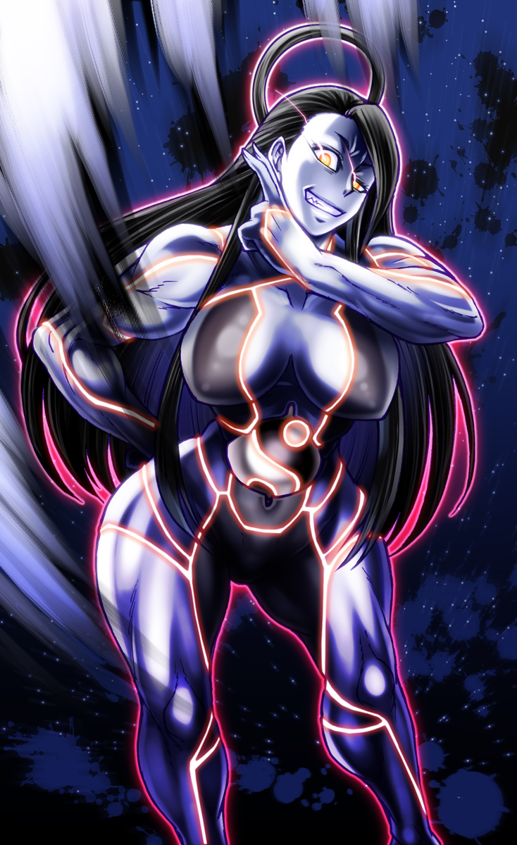 1girl, black_hair, breasts, chiba_toshirou, covered_nipples, evil_smile, glowing, glowing_eyes
