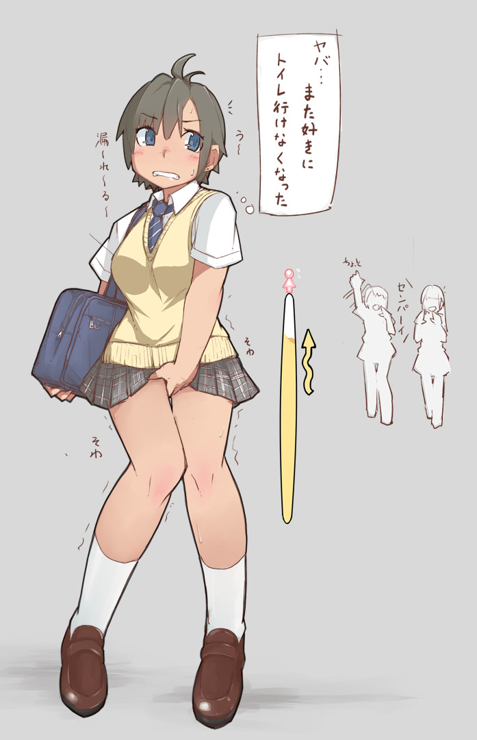 3girls, bag, between_legs, black_hair, blue_eyes, blue_neckwear, blush, breasts, brown_footwear, character_request, clenched_teeth, commentary_request, eyebrows_visible_through_hair, full_body, grey_background, grey_skirt, hand_between_legs, have_to_pee, knees_together_feet_apart, looking_back, medium_breasts, miniskirt, multiple_girls, necktie, nose_blush, plaid, plaid_skirt, rodon, school_uniform, shirt, shoes, short_hair, short_sleeves, simple_background, skirt, socks, solo_focus, standing, sweat, teeth, text_focus, thought_bubble, translation_request, trembling, uniform, urine_meter, vest, white_legwear, white_shirt