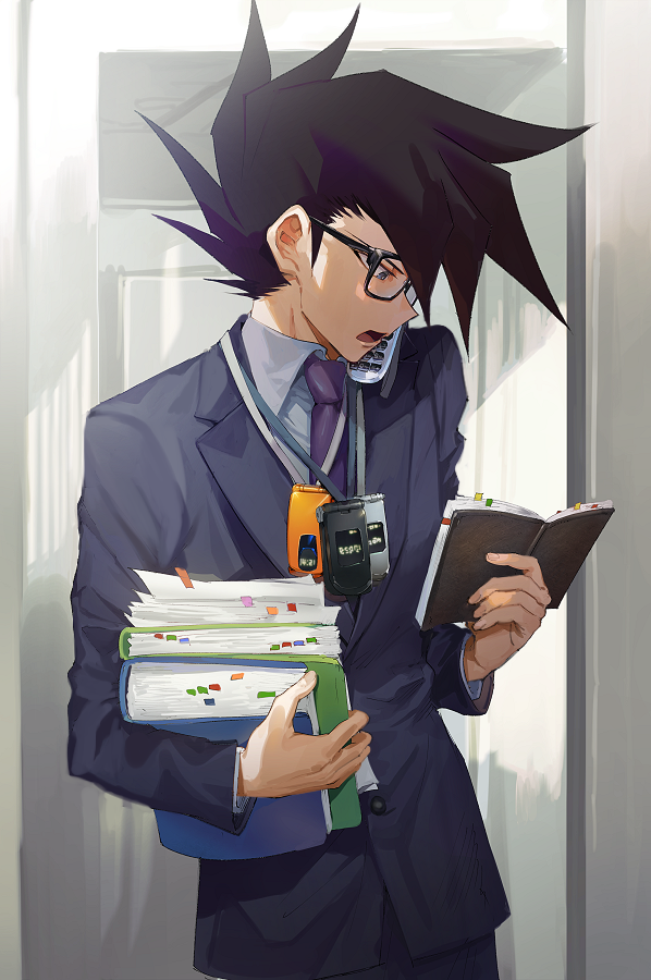 1boy, alternate_costume, aoki_(fumomo), black-framed_eyewear, black_hair, black_jacket, black_pants, blue_eyes