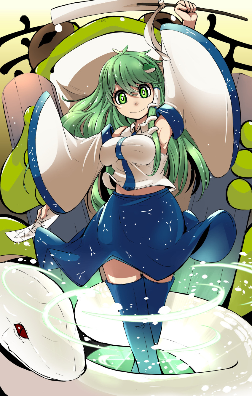 1girl, absurdres, ahoge, armpit, blue_skirt, breasts, brown_eyes, collar