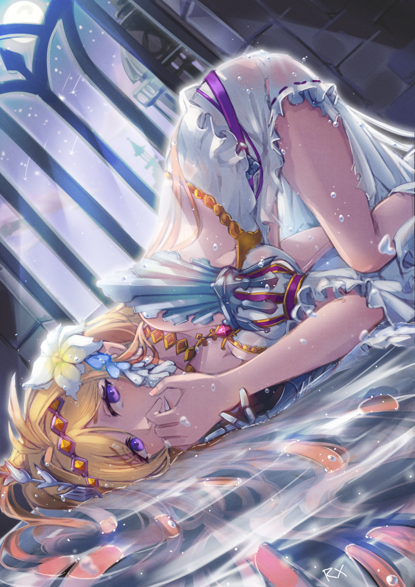 1girl, absurdres, angruoxin, blonde_hair, detached_sleeves, diadem, flower, gauntlets