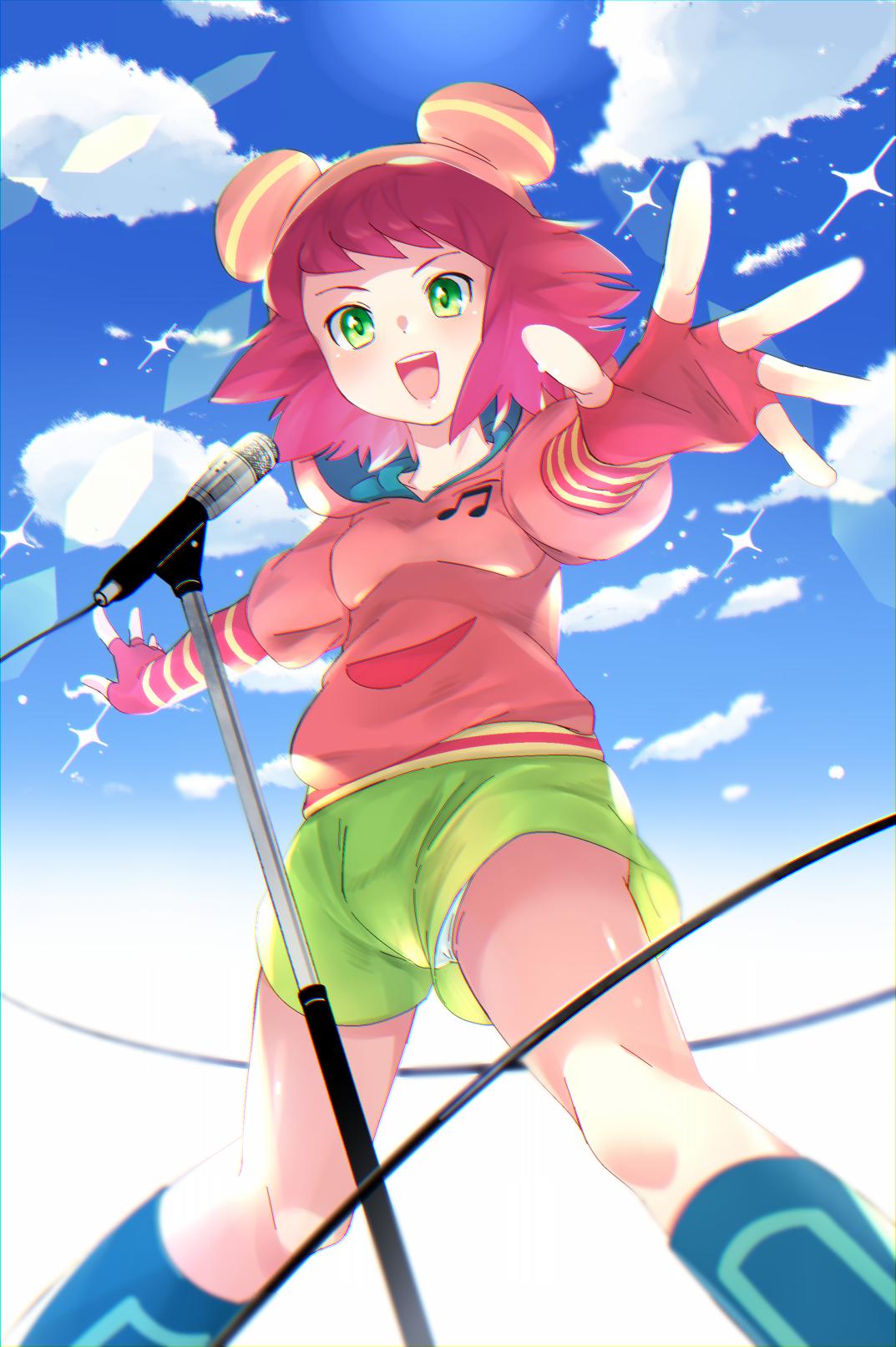 1girl, :d, blue_sky, blush, boots, breasts, capcom, clouds