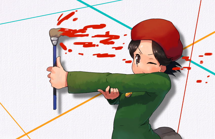 1girl, adeleine, artist_painter, brown_hair, commentary_request, forehead, hand_on_own_elbow, hat