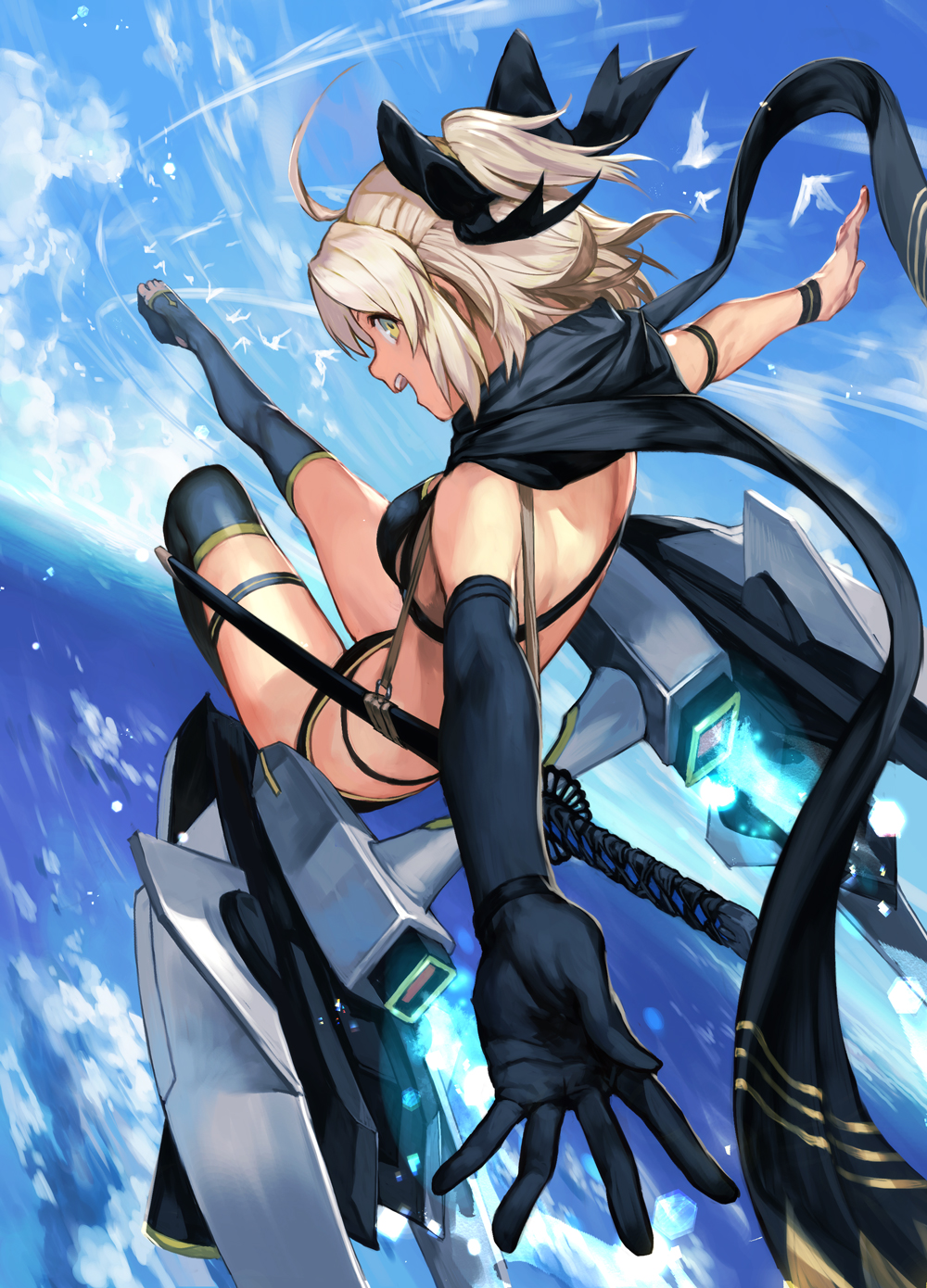 1girl, :d, ahoge, arm_strap, bangs, bikini, bird, black_bikini