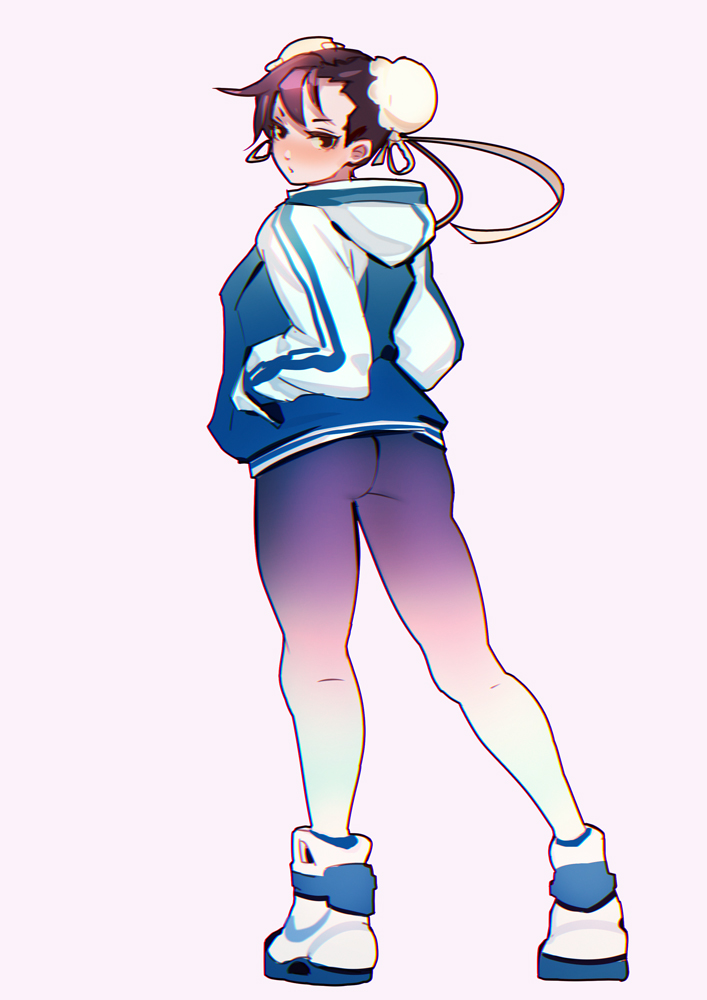1girl, ass, brown_eyes, brown_hair, bun_cover, casual, chun-li, double_bun, flat_ass, from_behind, full_body, hands_in_pockets, hiroshi_(hiroshixhiss), hood, hood_down, hoodie, looking_back, nike, pants, shoes, short_hair, simple_background, sneakers, solo, street_fighter, tight, tight_pants