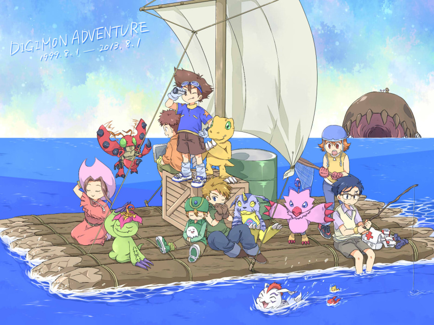 2girls, 5boys, agumon, anniversary, barrel, brothers, butterfly_net, commentary_request