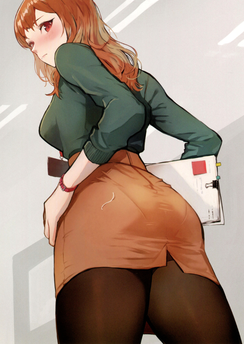 1girl, absurdres, ass, bangs, black_legwear, blouse, blush, clipboard