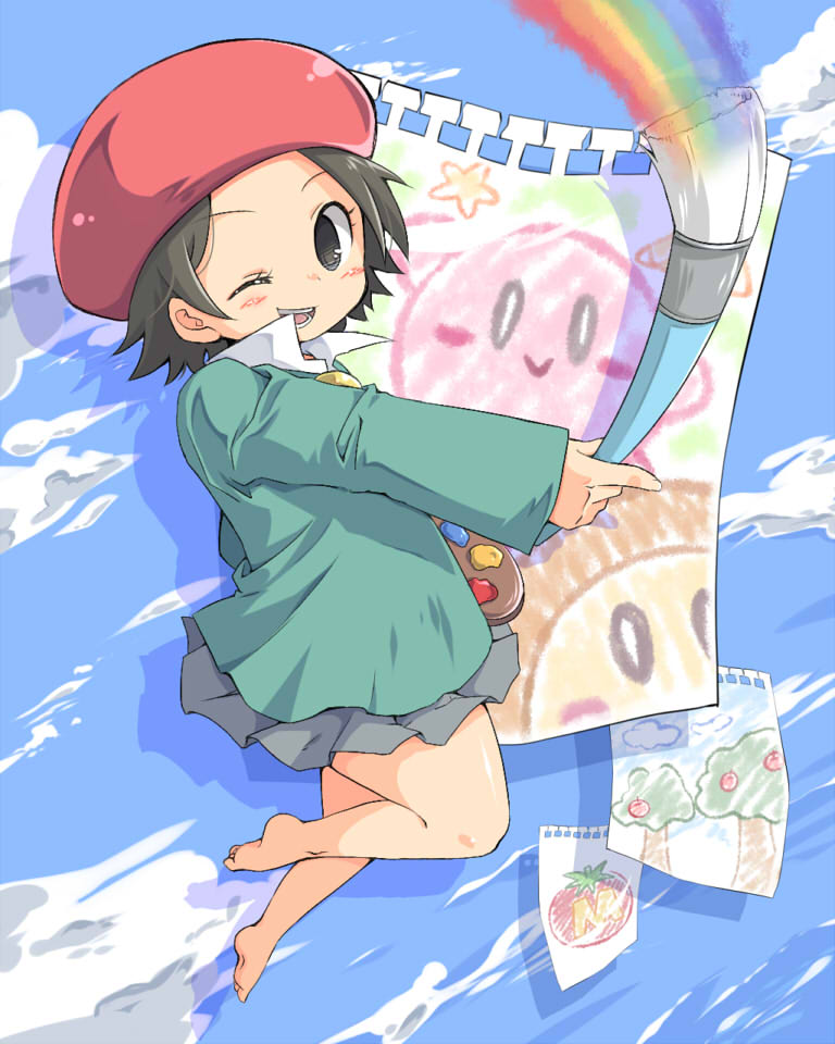 1girl, adeleine, barefoot, blush_stickers, brown_hair, clouds, collared_shirt, commentary_request, hat, holding, holding_paintbrush, kirby, kirby_(series), maxim_tomato, miniskirt, one_eye_closed, oosuzu_aoi, outstretched_arm, paintbrush, painting, palette, paper, rainbow, red_headwear, shadow, shirt, short_hair, skirt, sky, smile, solo_focus, teeth, thighs, waddle_dee