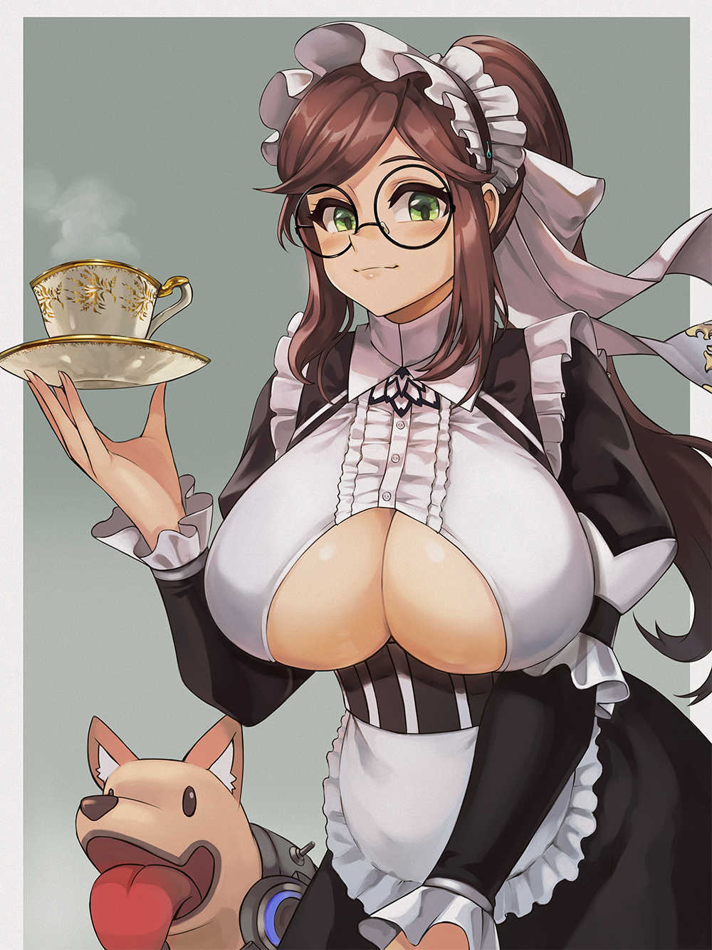 1girl, apron, blush, breast_cutout, breasts, brown_hair, constantia_s2, cup