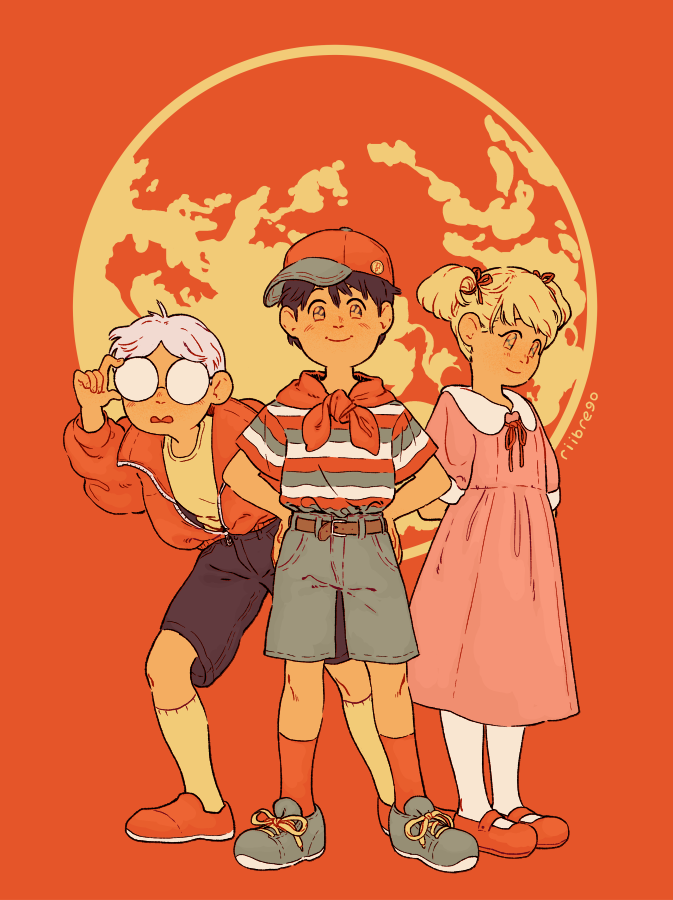1girl, 2boys, ana_(mother), bangs, baseball_cap, belt, black_hair, black_shorts, blonde_hair, blue_footwear, blue_shorts, brown_hair, dress, full_body, hat, jacket, lloyd_(mother), long_sleeves, looking_at_viewer, mother_(game), mother_1, multiple_boys, neckerchief, ninten, pantyhose, pink_dress, red_footwear, red_headwear, red_jacket, red_legwear, red_neckwear, rii_abrego, shirt, shirt_tucked_in, shoes, short_hair, short_sleeves, shorts, signature, smile, socks, standing, striped, striped_shirt, white_legwear, yellow_legwear, yellow_shirt