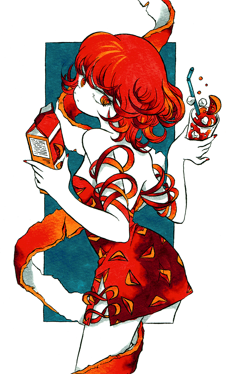 1girl, bare_shoulders, breasts, carton, commentary_request, dress, drink, drinking_straw, expressionless, food, from_behind, fruit, highres, holding, holding_drink, ice, looking_back, marker_(medium), medium_hair, northeast_mountain, orange, orange_dress, orange_eyes, orange_hair, orange_nails, orange_peel, orange_slice, original, sleeveless, small_breasts, solo, strapless, strapless_dress, traditional_media