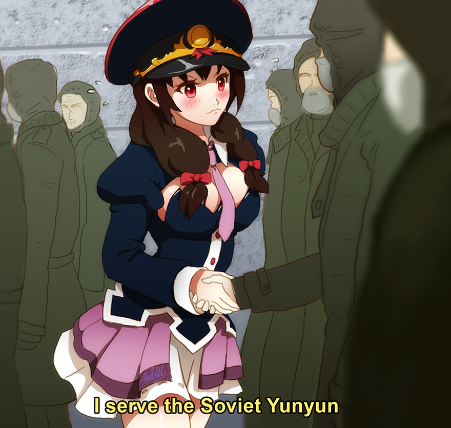 1girl, 6+boys, blush, bow, breasts, brown_hair, chernobyl, chernobyl_(hbo)