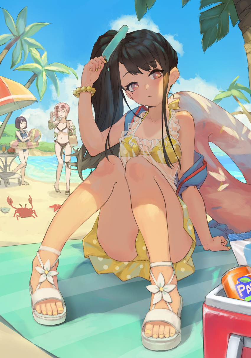 3girls, absurdres, arm_support, ball, beach, beach_chair, beach_towel, beach_umbrella