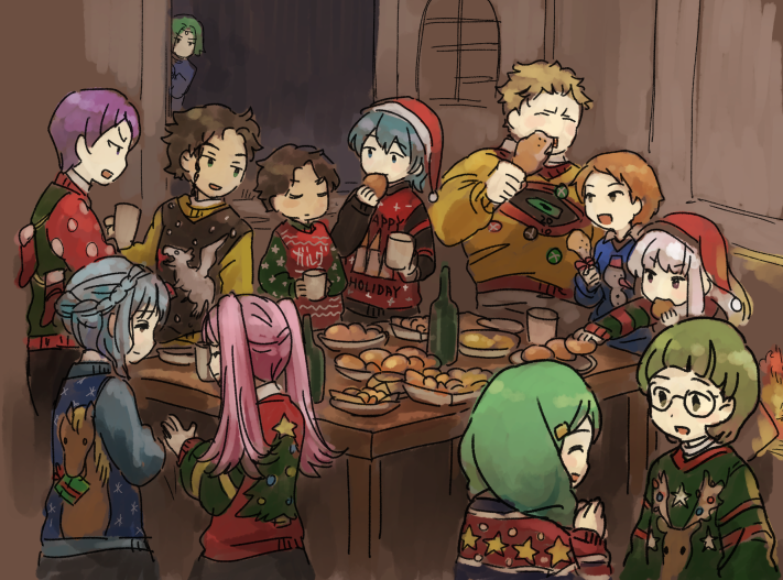 5girls, 6+boys, adult, alternate_costume, animal_print, blonde_hair, blue_hair, braid