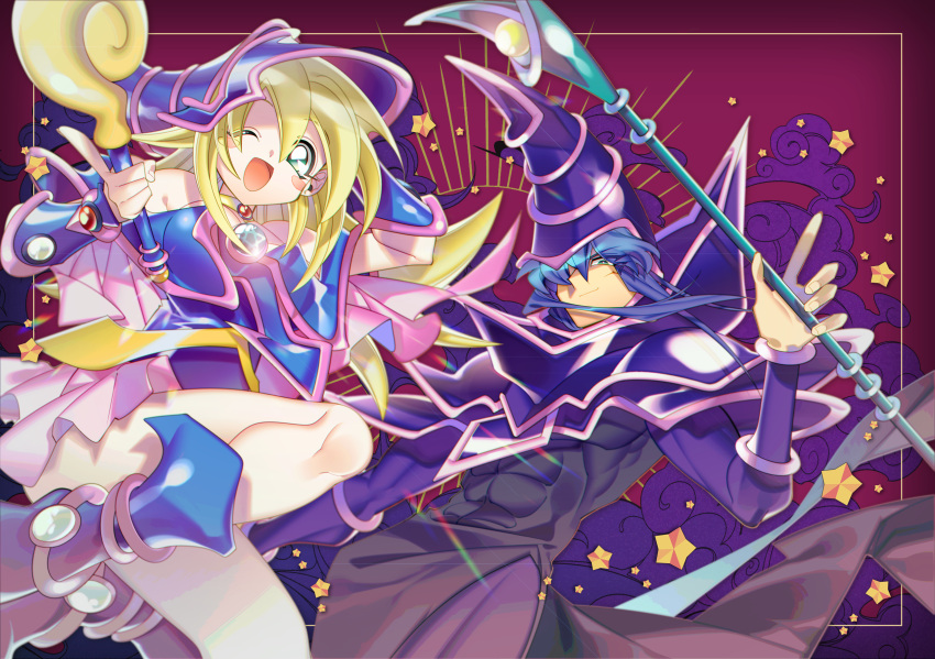 1boy, 1girl, abs, bare_shoulders, blonde_hair, blue_footwear, blue_hair, blush_stickers