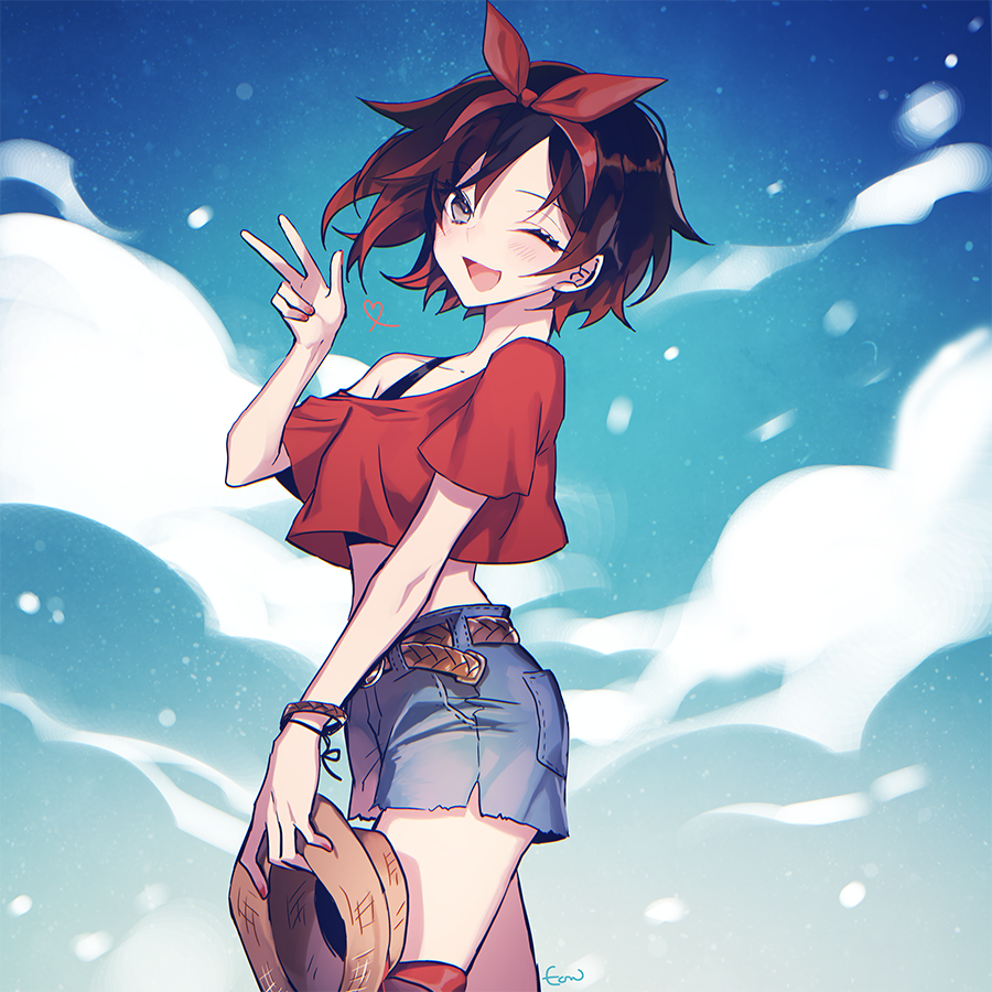 1girl, ;d, belt, black_hair, blue_shorts, blue_sky, bow, bracelet, brown_belt, casual, clouds, collarbone, crop_top, denim, denim_shorts, ecru, gradient_hair, grey_eyes, hair_bow, hairband, hat, heart, holding, holding_hat, jewelry, looking_at_viewer, midriff, multicolored_hair, nail_polish, off_shoulder, one_eye_closed, open_mouth, outdoors, red_bow, red_hairband, red_nails, redhead, ruby_rose, rwby, shiny, shiny_hair, short_hair, short_shorts, shorts, sky, smile, solo, stomach, torn_clothes, torn_shorts, w