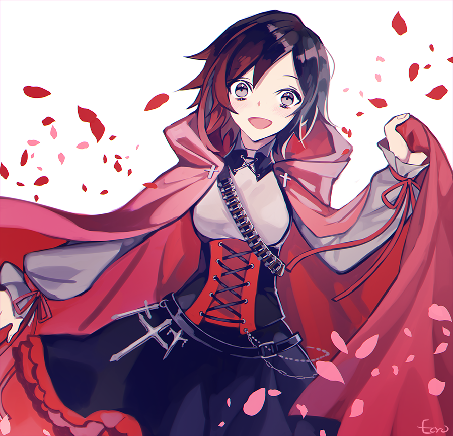1girl, :d, bangs, belt, black_belt, black_hair, black_skirt, bustier