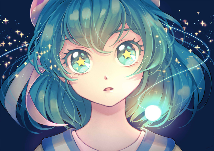 1girl, floating_hair, green_eyes, green_hair, hagoromo_lala, head_tilt, highres, looking_at_viewer