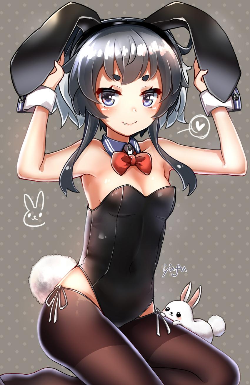 1girl, absurdres, adapted_costume, animal, animal_ears, artist_name, black_hair, black_legwear